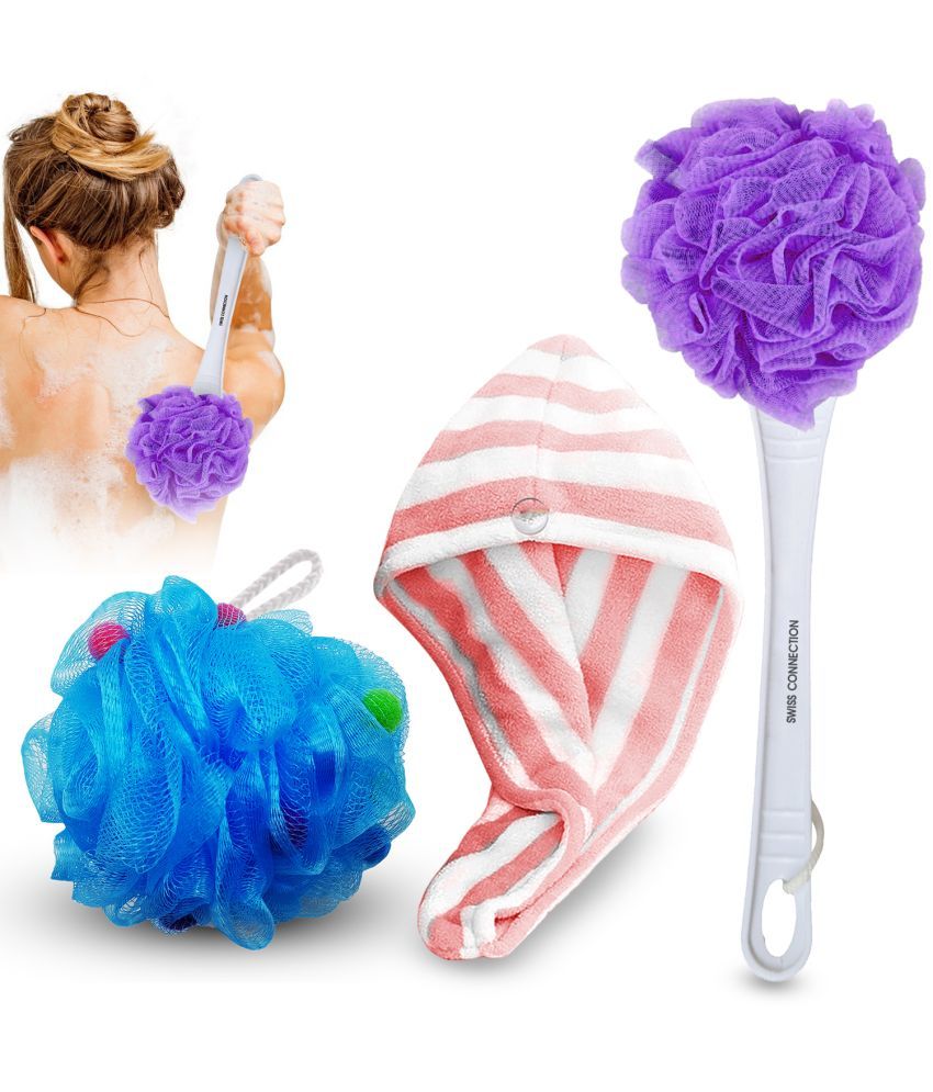     			Swiss Connection Back Body Scrubber-Hair Towel Loofah Assorted Pack of 3