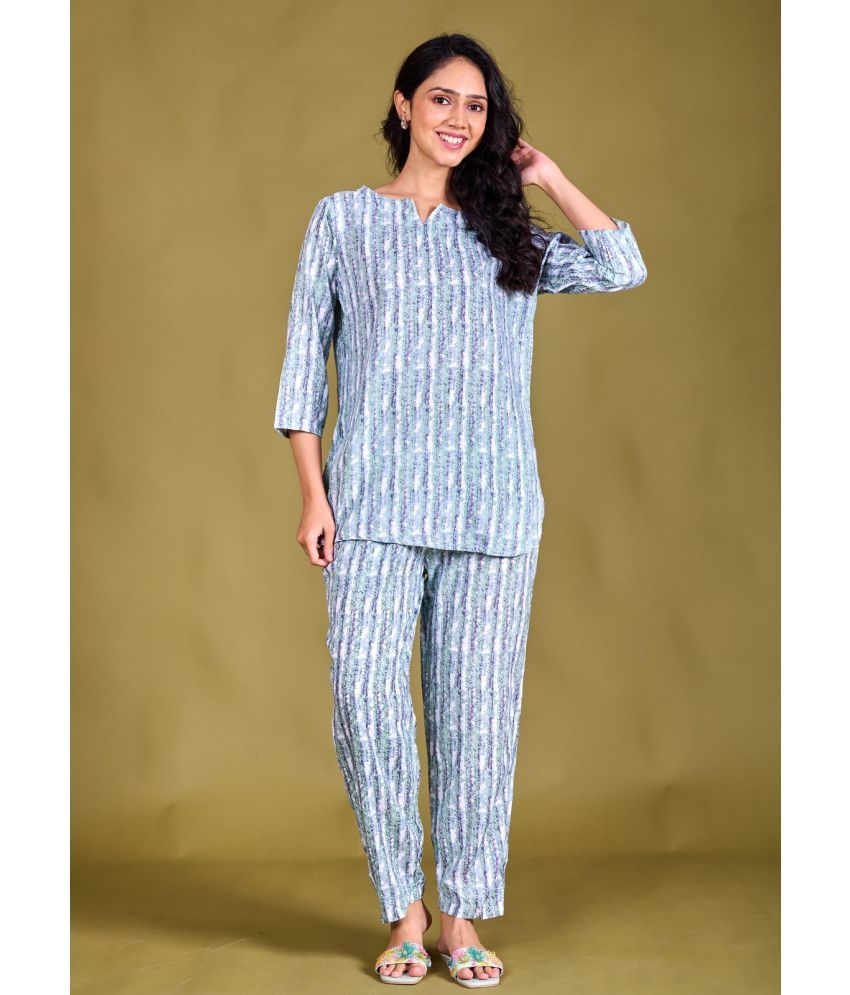     			VAALIYAN Blue Printed Pant Top Set