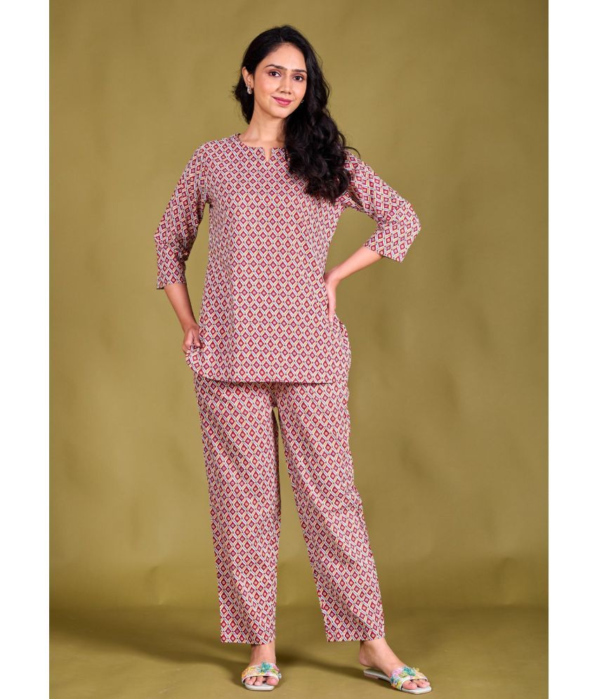     			VAALIYAN Red Printed Pant Top Set