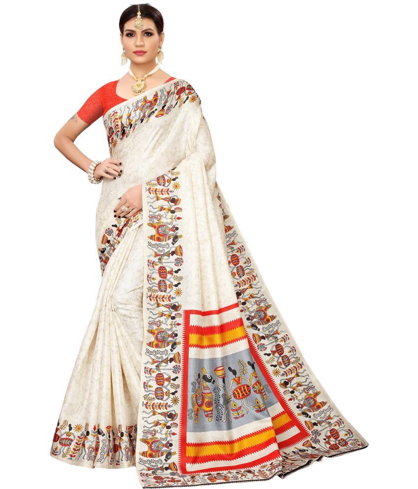     			Yashika Pack of 1 Art Silk Printed Saree With Blouse Piece ( White )