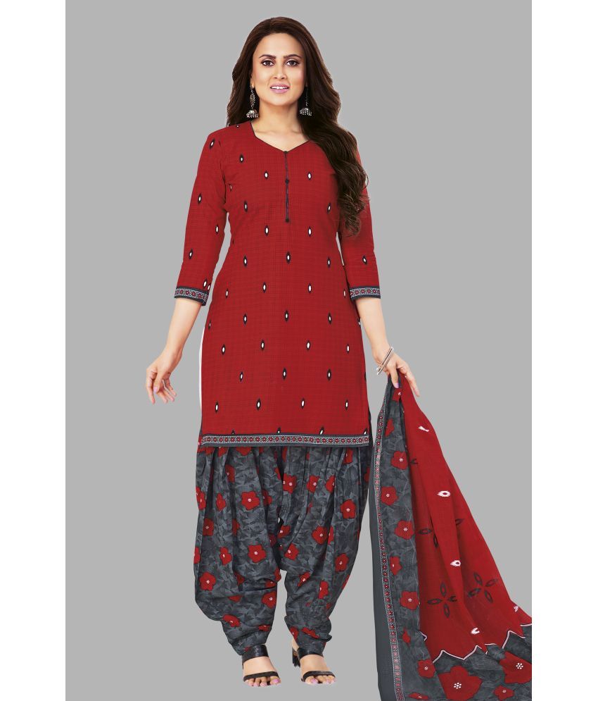     			shree jeenmata collection Unstitched Cotton Printed Dress Material - Red ( Pack of 1 )