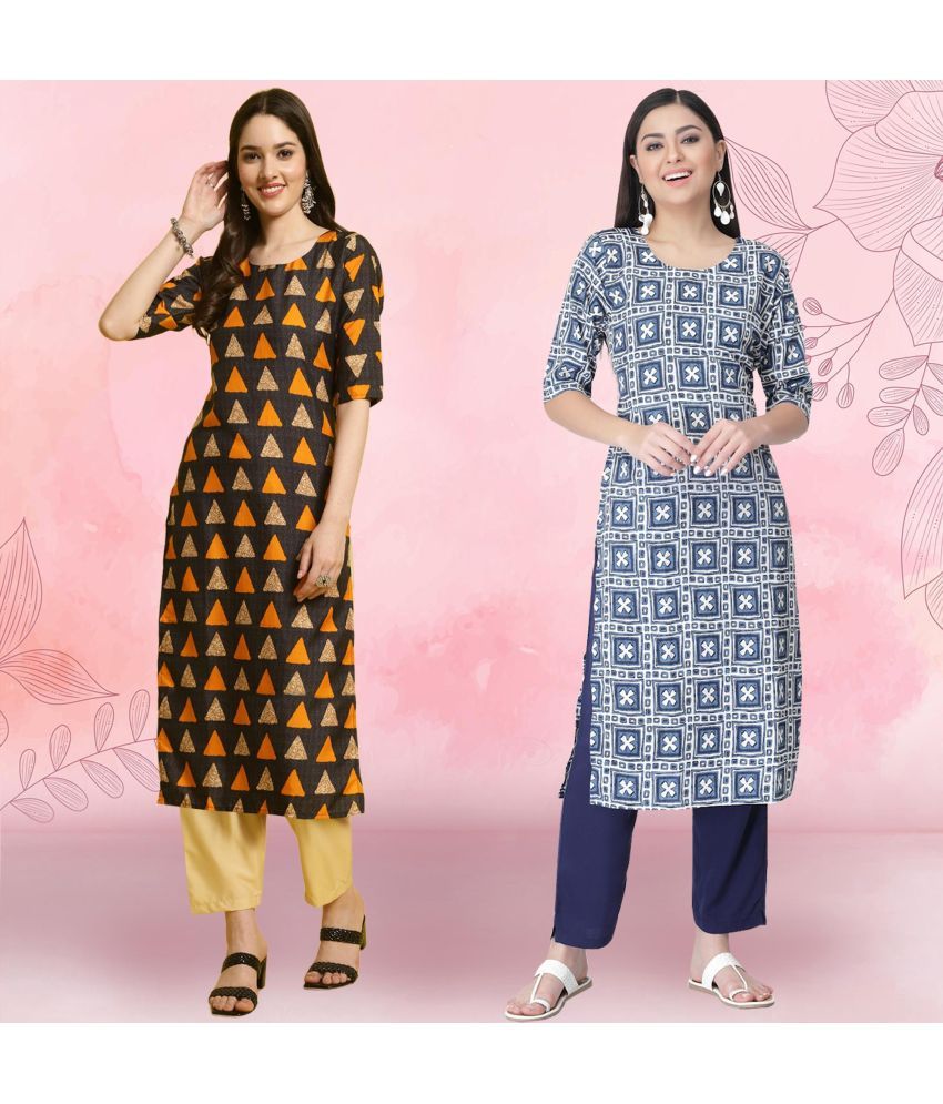     			Ethnicbasket Crepe Printed Kurti With Pants Women's Stitched Salwar Suit - Navy Blue ( Pack of 2 )