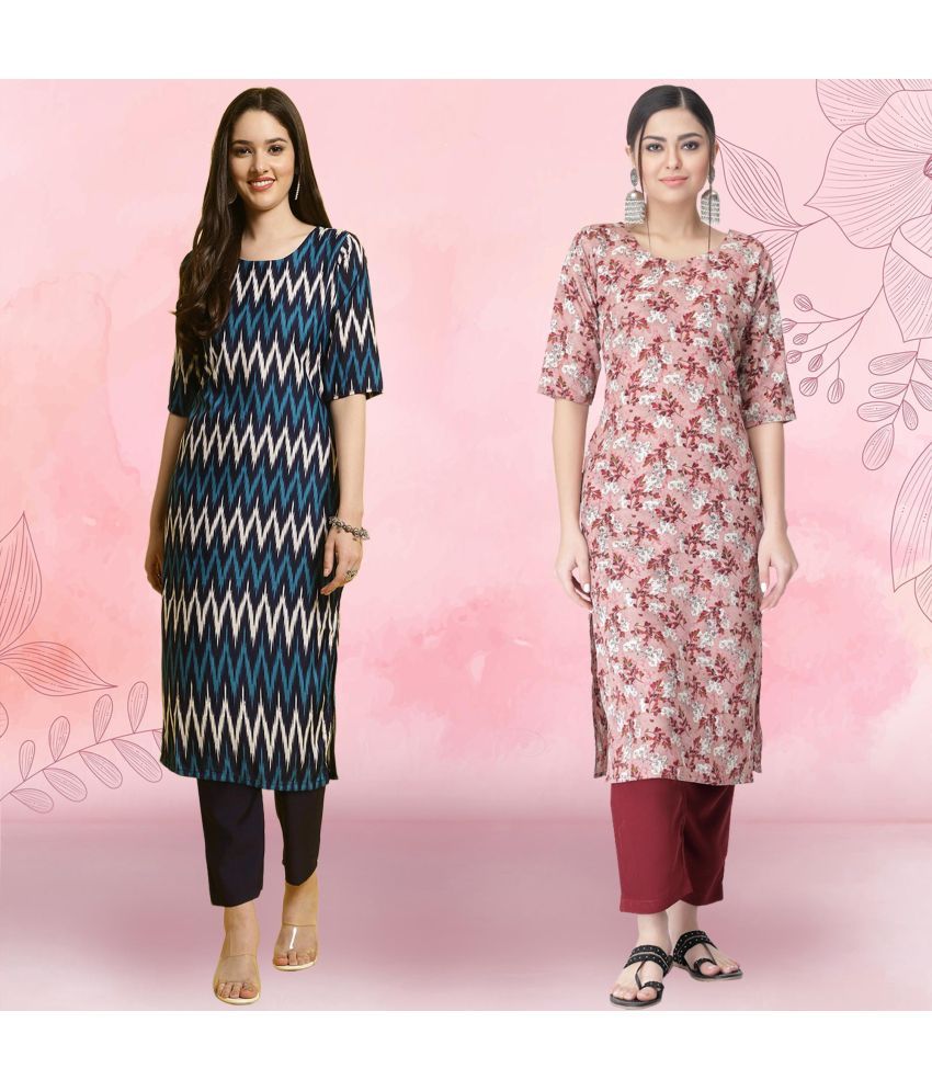     			Ethnicbasket Crepe Printed Kurti With Pants Women's Stitched Salwar Suit - Peach ( Pack of 2 )