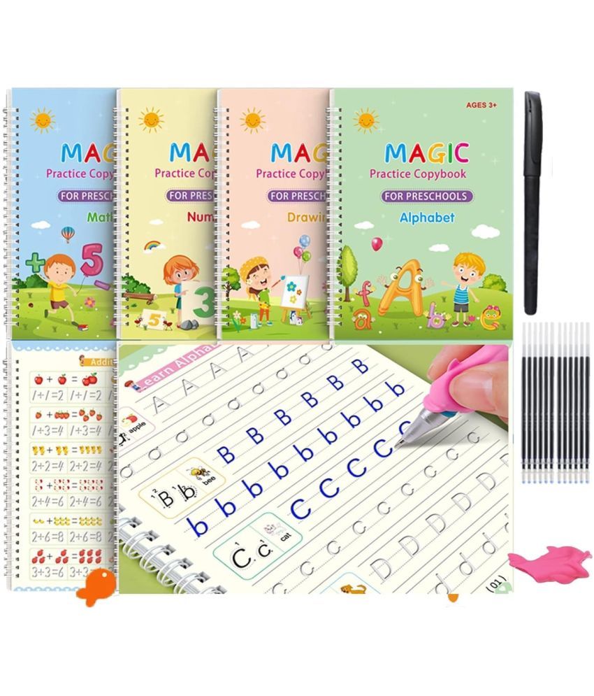     			GEEO Magic Book for Kids, Sank Magic Practice Copybook, (4 Book+10 Refill+1 Pen+1 Grip) Number Tracing Book for Pre-Schoolers with Pen, Magic Calligraphy Copybook Set Writing Tool for Kids