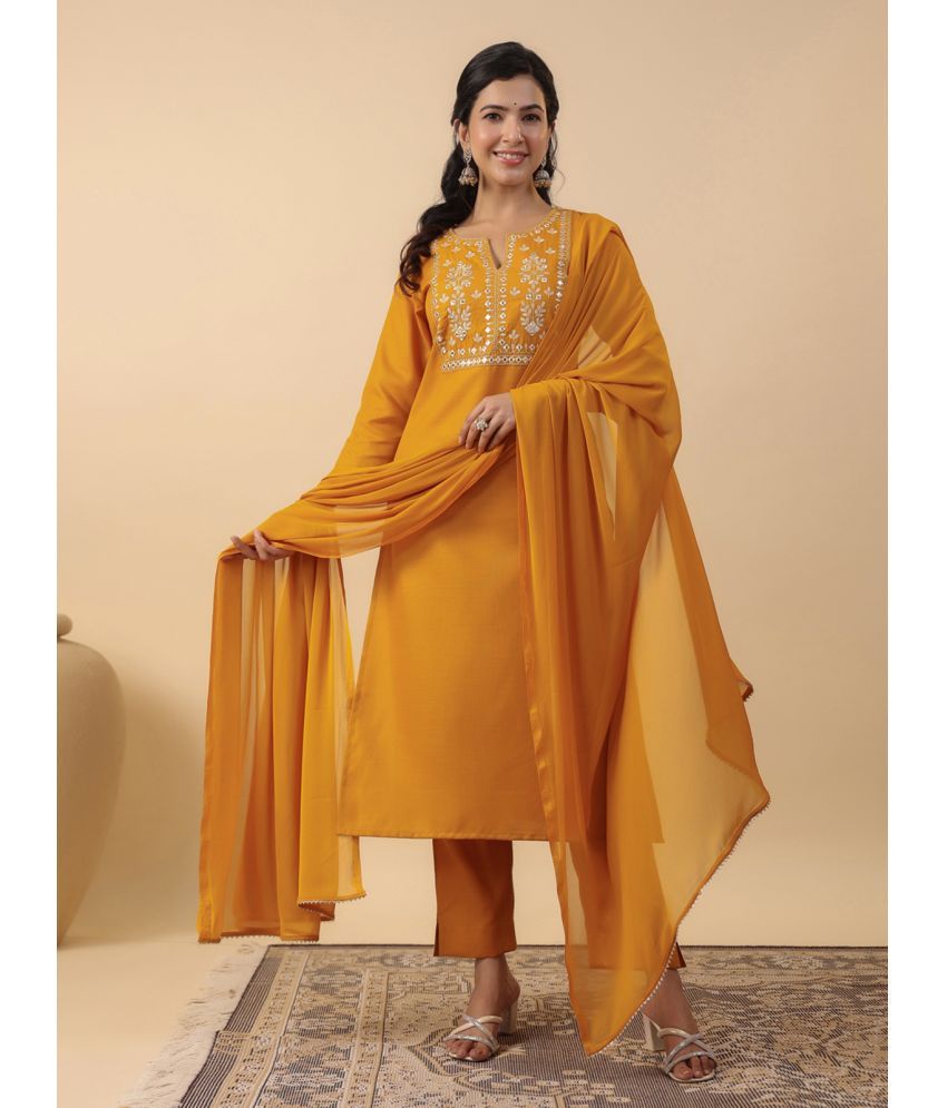     			Janasya Cotton Blend Embroidered Kurti With Pants Women's Stitched Salwar Suit - Mustard ( Pack of 1 )