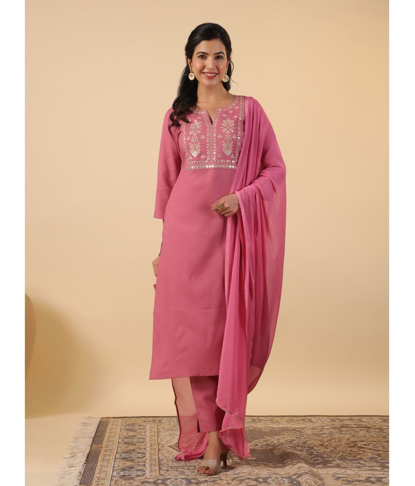     			Janasya Cotton Blend Embroidered Kurti With Pants Women's Stitched Salwar Suit - Pink ( Pack of 1 )