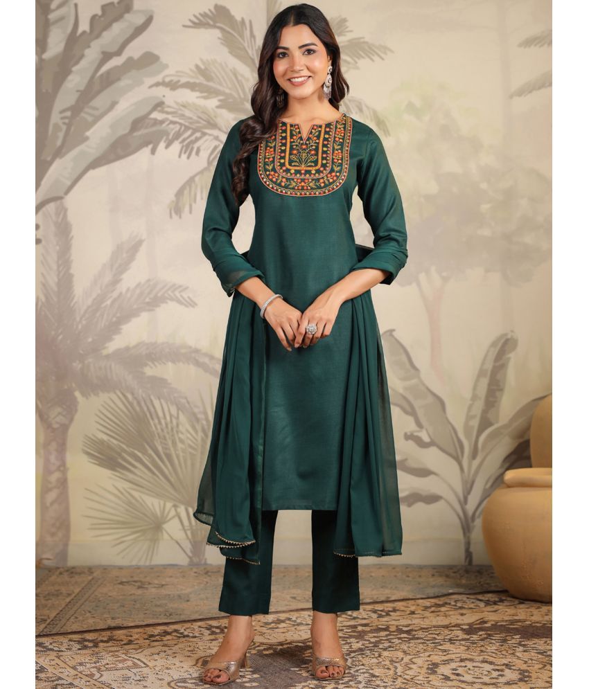     			Janasya Cotton Blend Embroidered Kurti With Pants Women's Stitched Salwar Suit - Dark Green ( Pack of 1 )