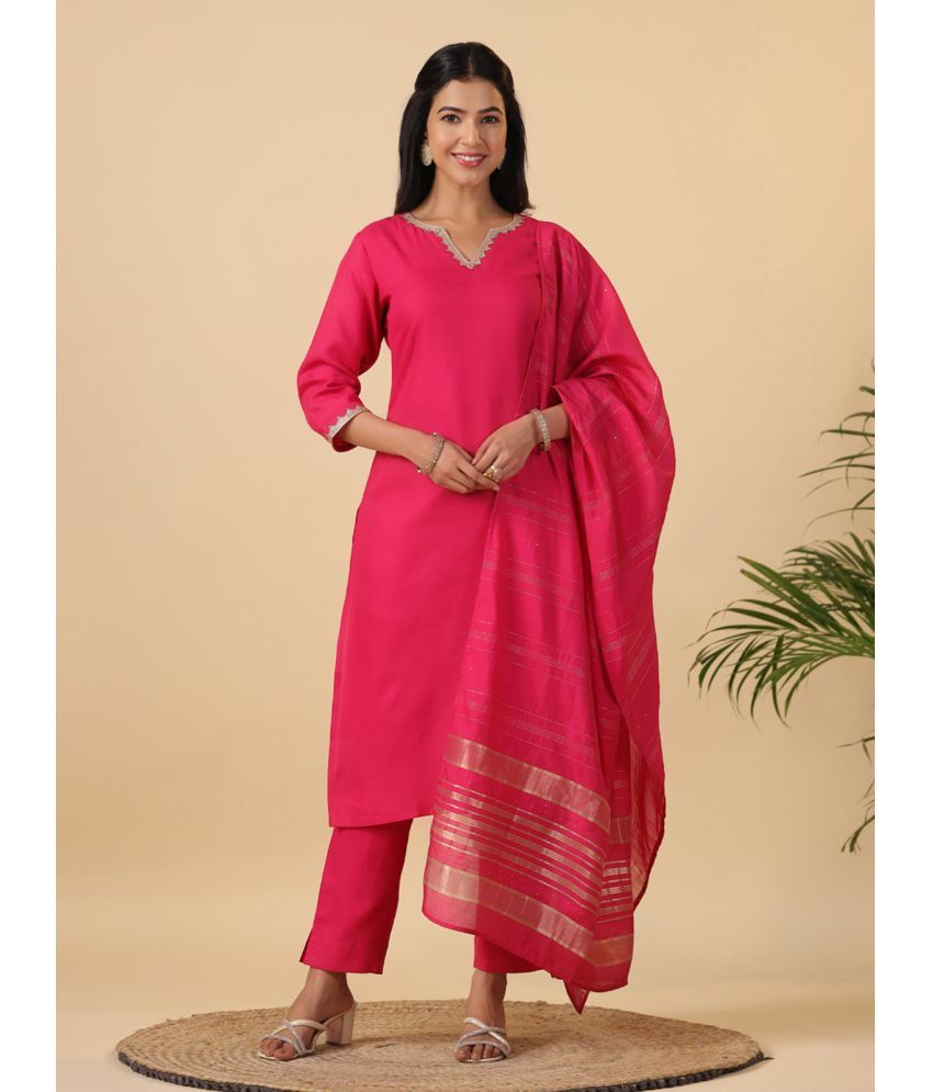     			Janasya Cotton Blend Solid Kurti With Pants Women's Stitched Salwar Suit - Magenta ( Pack of 1 )