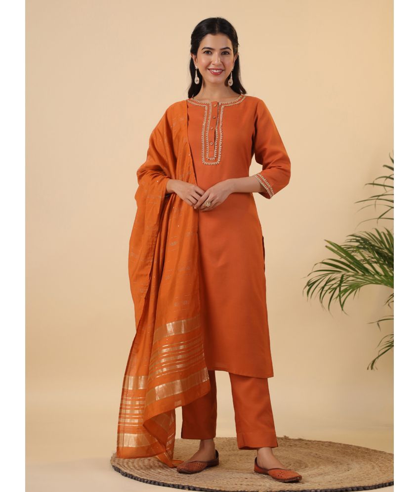     			Janasya Cotton Blend Solid Kurti With Pants Women's Stitched Salwar Suit - Rust ( Pack of 1 )