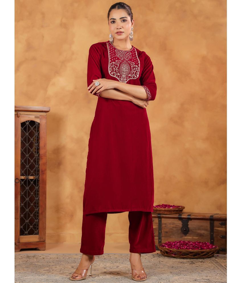     			Janasya Velvet Embroidered Kurti With Pants Women's Stitched Salwar Suit - Red ( Pack of 1 )