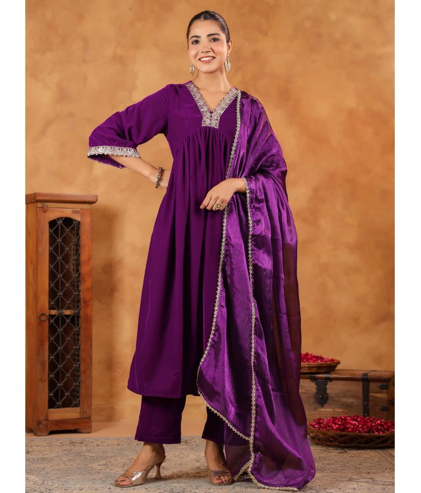     			Janasya Velvet Embroidered Kurti With Pants Women's Stitched Salwar Suit - Purple ( Pack of 1 )