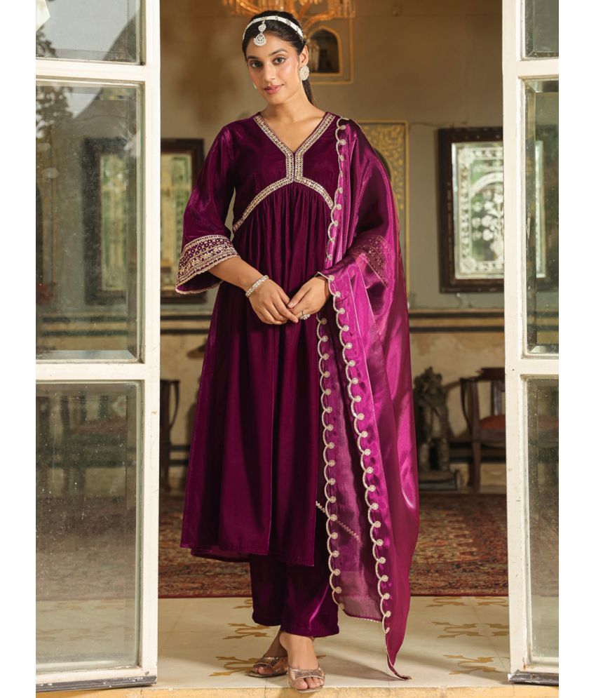     			Janasya Velvet Embroidered Kurti With Pants Women's Stitched Salwar Suit - Purple ( Pack of 1 )