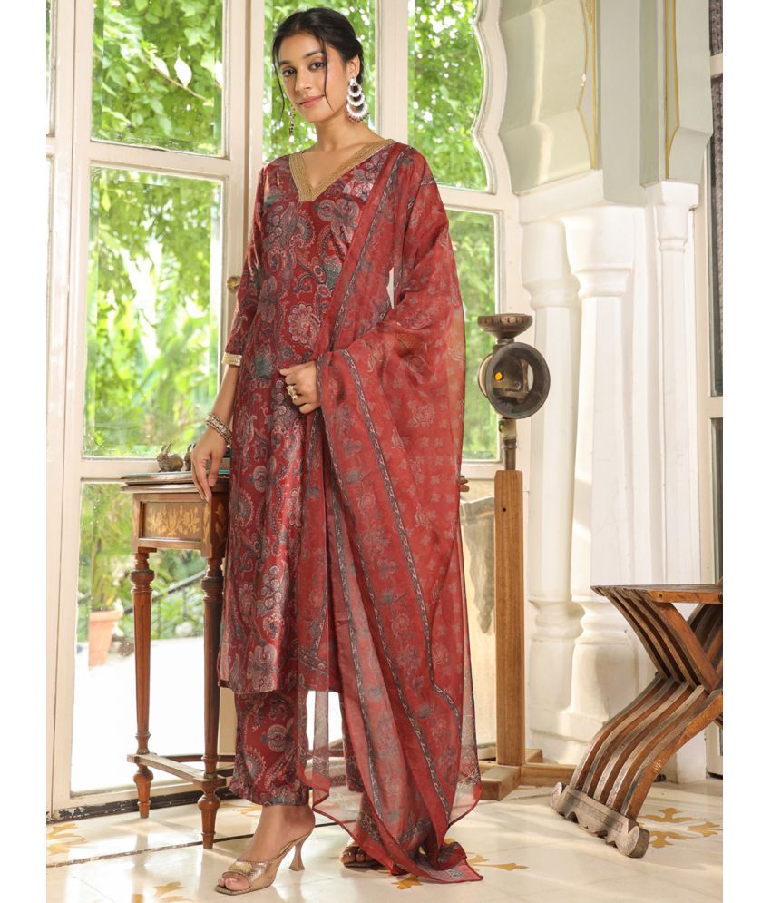     			Janasya Velvet Printed Kurti With Pants Women's Stitched Salwar Suit - Maroon ( Pack of 1 )