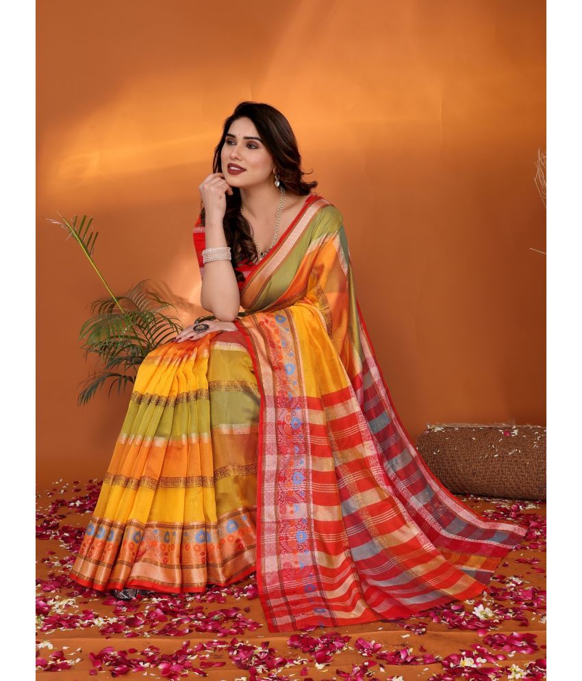     			NightBlue Pack of 1 Organza Striped Saree With Blouse Piece ( Yellow )