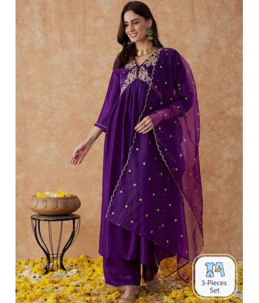     			Niza Fashion Silk Embroidered Kurti With Pants Women's Stitched Salwar Suit - Purple ( Pack of 1 )