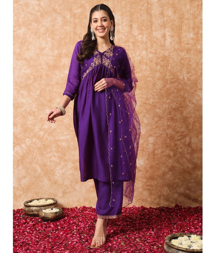     			Niza Fashion Silk Embroidered Kurti With Pants Women's Stitched Salwar Suit - Purple ( Pack of 1 )