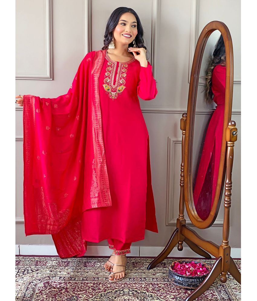     			Niza Fashion Viscose Embroidered Kurti With Pants Women's Stitched Salwar Suit - Red ( Pack of 1 )