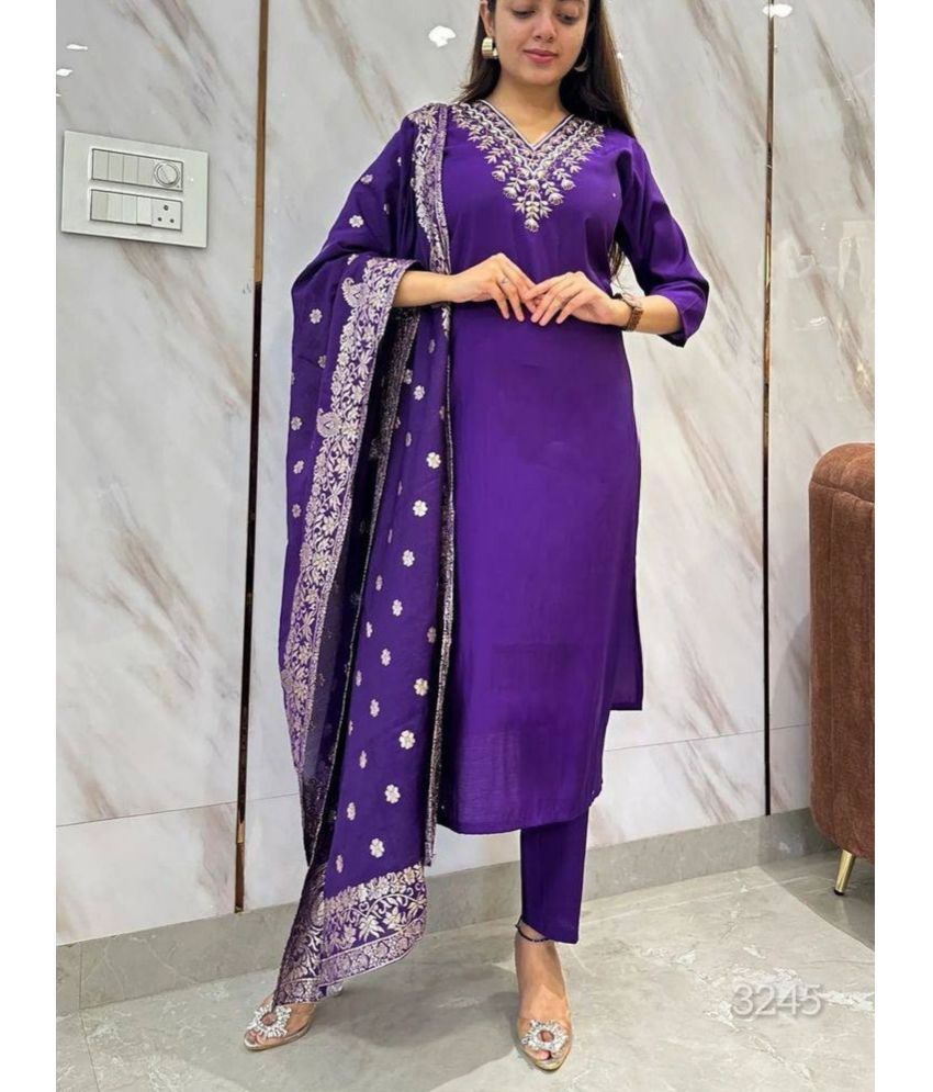     			Niza Fashion Viscose Embroidered Kurti With Pants Women's Stitched Salwar Suit - Purple ( Pack of 1 )