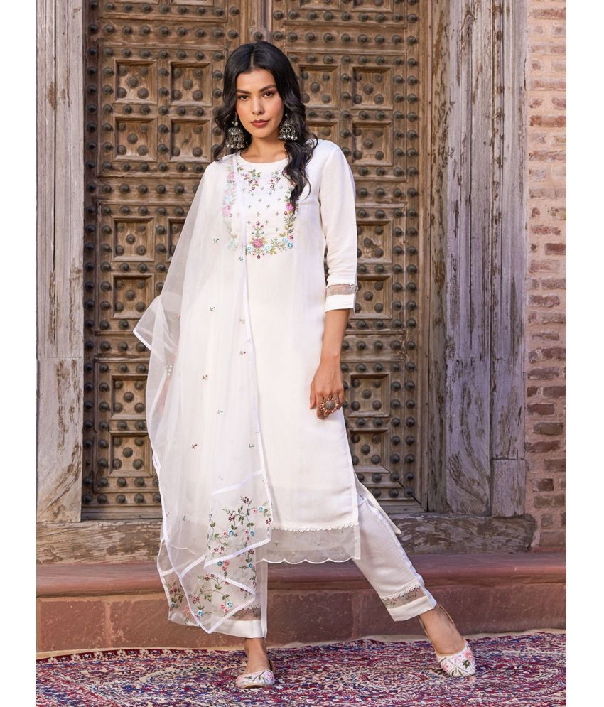     			Niza Fashion Viscose Embroidered Kurti With Pants Women's Stitched Salwar Suit - White ( Pack of 1 )