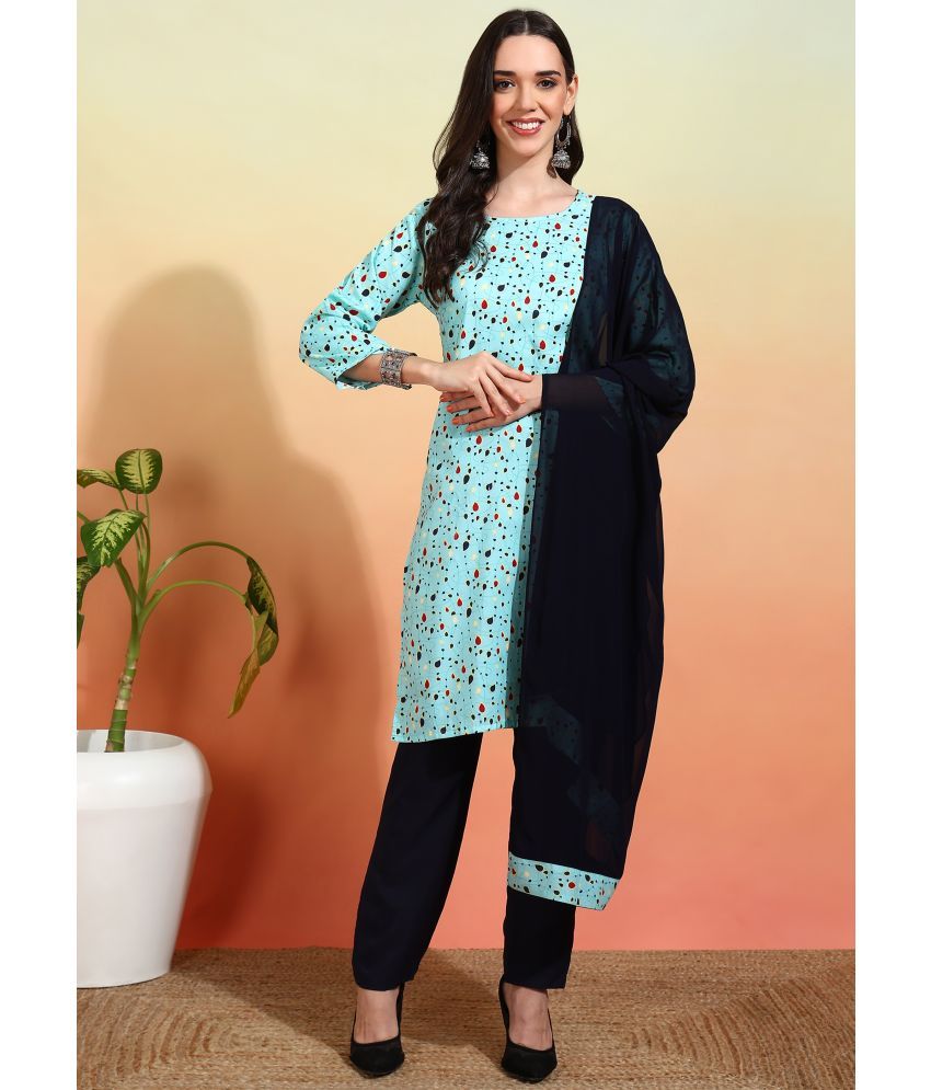     			Royal Export Crepe Printed Kurti With Pants Women's Stitched Salwar Suit - Light Blue ( Pack of 1 )