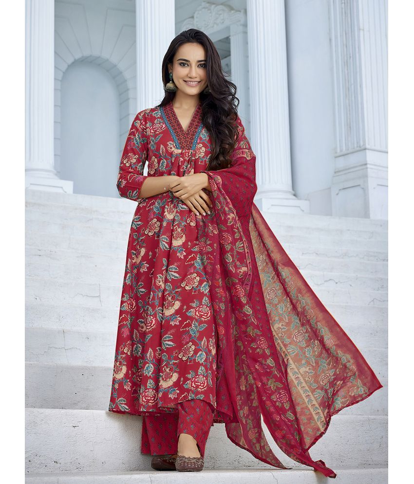     			Royal Export Viscose Printed Kurti With Palazzo Women's Stitched Salwar Suit - Red ( Pack of 1 )