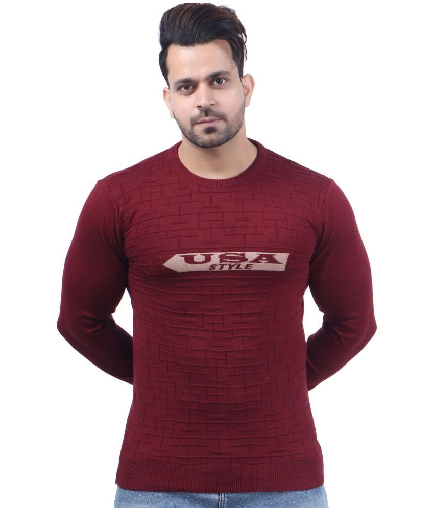     			FEVERFEW Cotton Blend Round Neck Men's Full Sleeves Pullover Sweater - Maroon ( Pack of 1 )