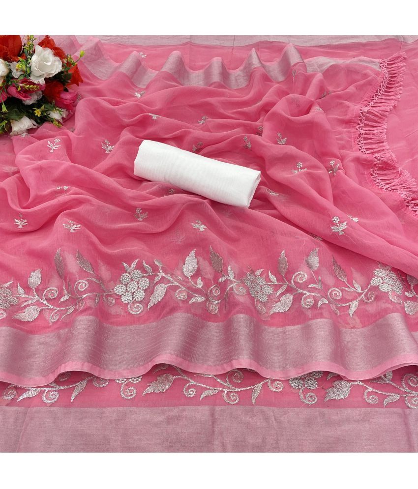     			Gullak Pack of 1 Chanderi Embroidered Saree With Blouse Piece ( Pink )