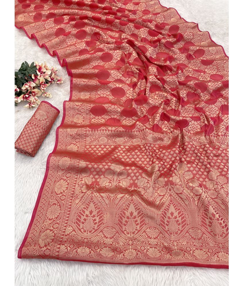     			Gullak Pack of 1 Organza Embellished Saree With Blouse Piece ( Red )