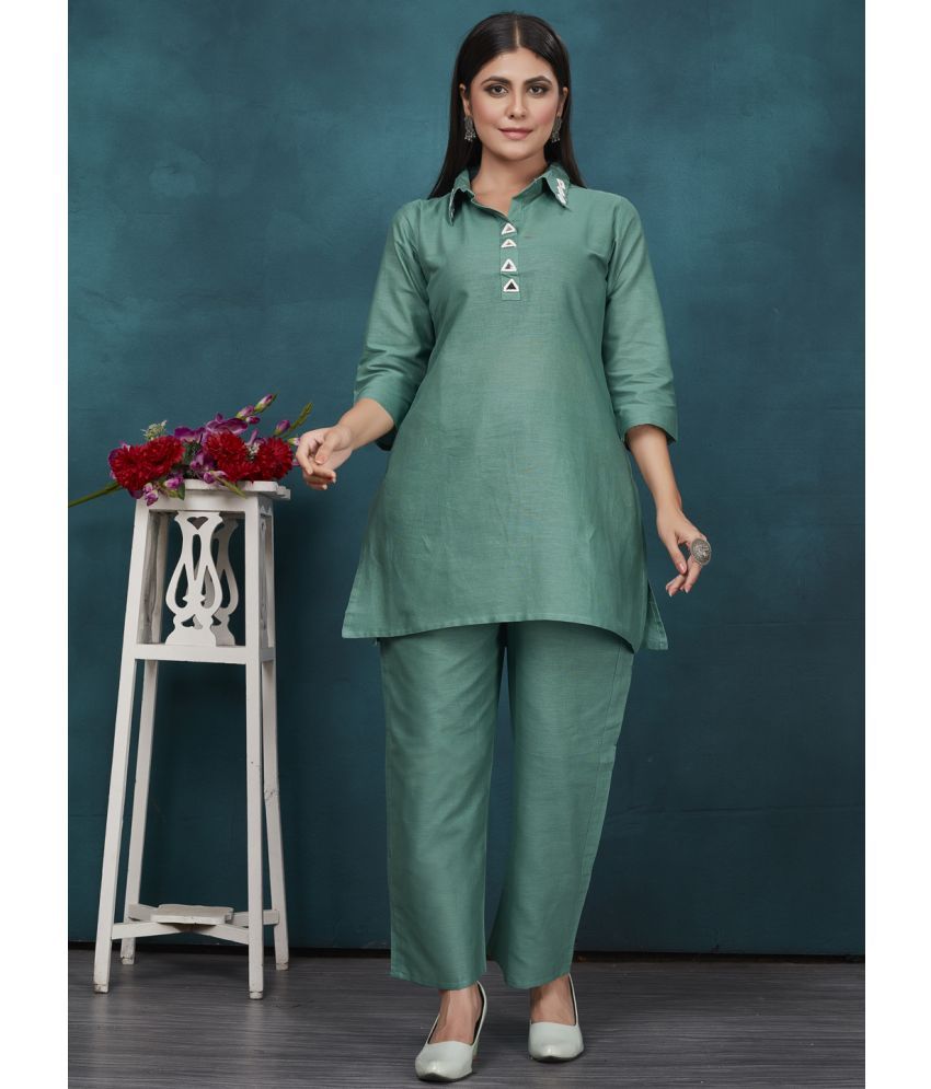     			Style Samsara Cotton Embellished Kurti With Pants Women's Stitched Salwar Suit - Sea Green ( Pack of 1 )