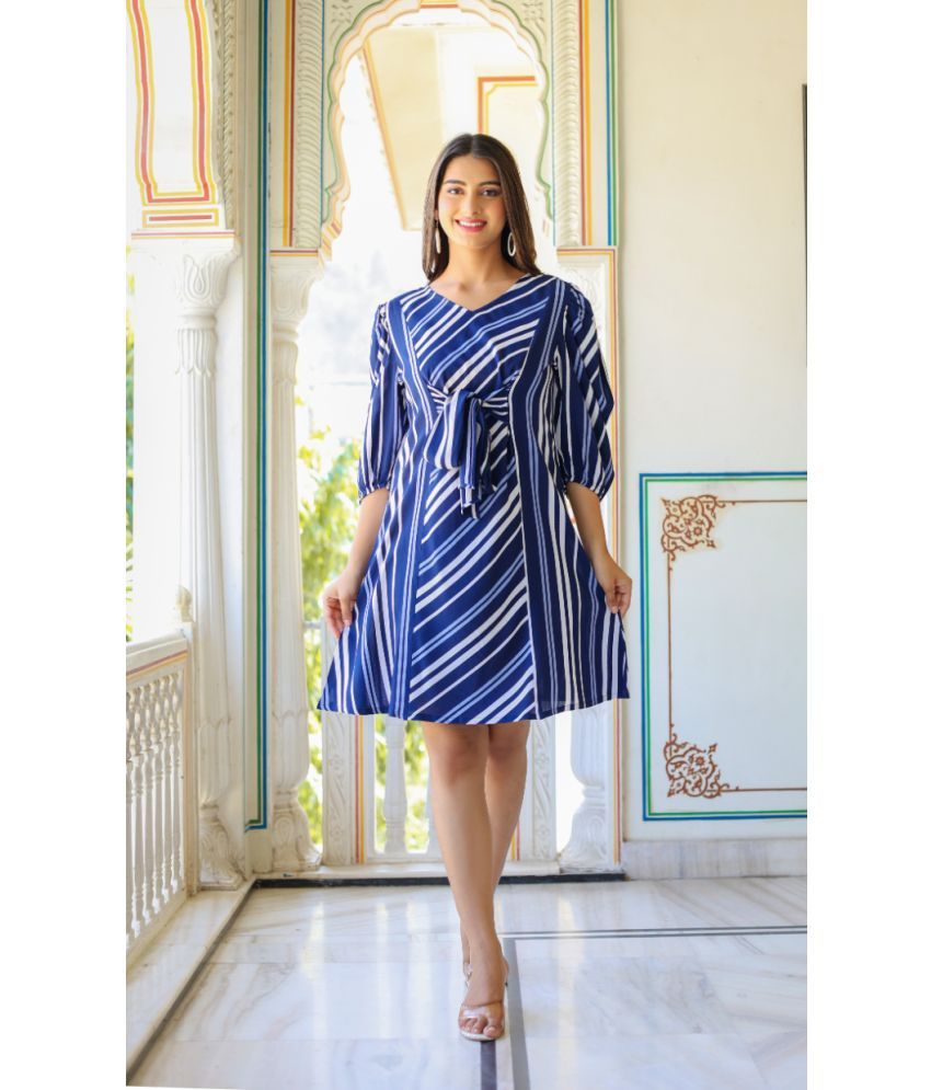     			Yash Gallery Rayon Striped Calf-Length Women's A-line Dress - Blue ( Pack of 1 )