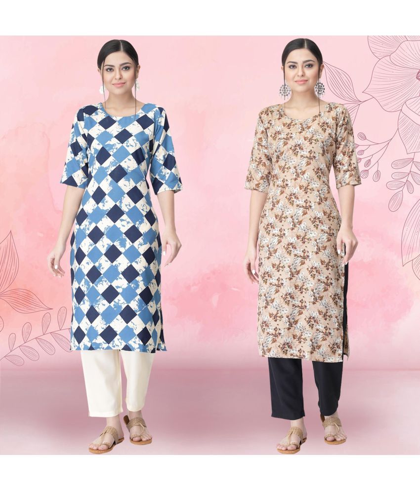     			Ethnicbasket Crepe Printed Kurti With Pants Women's Stitched Salwar Suit - Beige ( Pack of 2 )