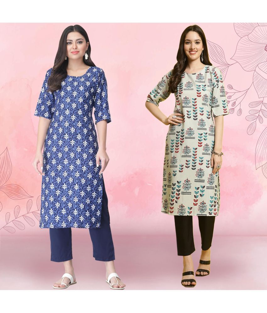     			Ethnicbasket Crepe Printed Kurti With Pants Women's Stitched Salwar Suit - Grey ( Pack of 2 )