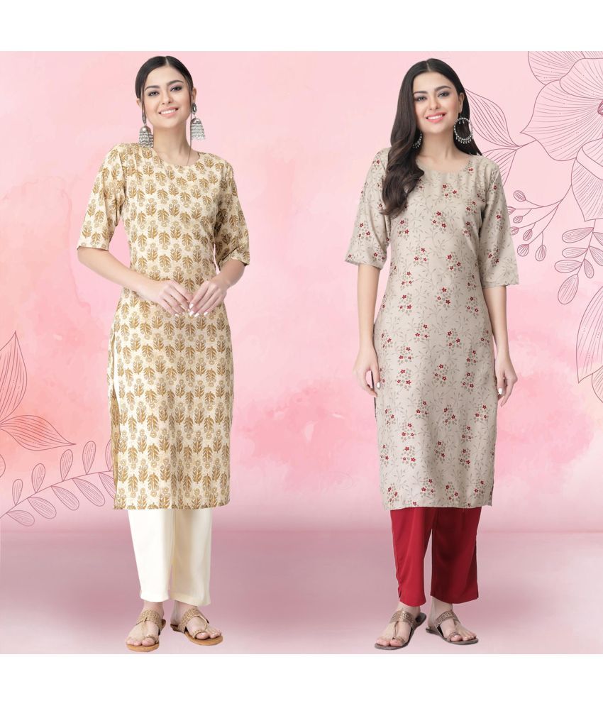     			Ethnicbasket Crepe Printed Kurti With Pants Women's Stitched Salwar Suit - Beige ( Pack of 2 )