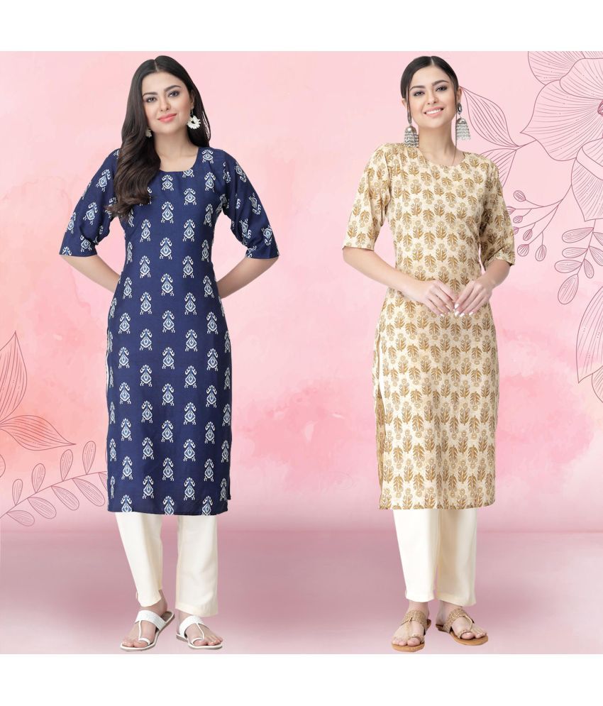     			Ethnicbasket Crepe Printed Kurti With Pants Women's Stitched Salwar Suit - Beige ( Pack of 2 )