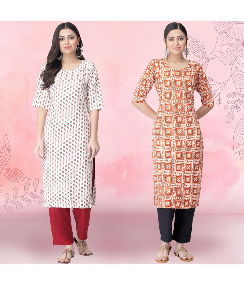     			Ethnicbasket Crepe Printed Kurti With Pants Women's Stitched Salwar Suit - Orange ( Pack of 2 )