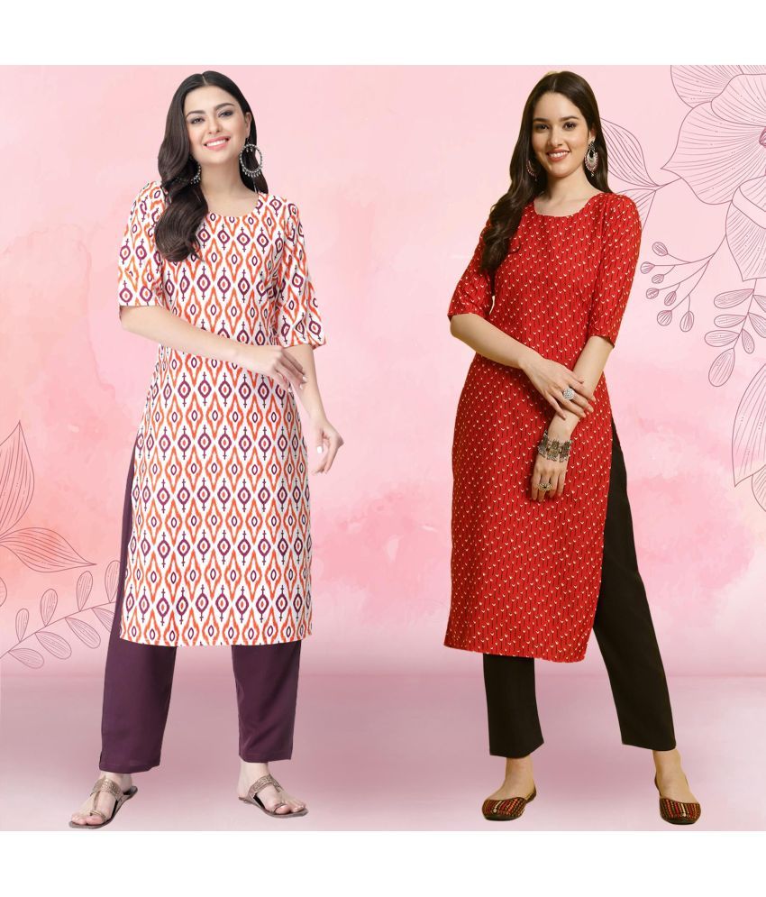     			Ethnicbasket Crepe Printed Kurti With Pants Women's Stitched Salwar Suit - Red ( Pack of 2 )