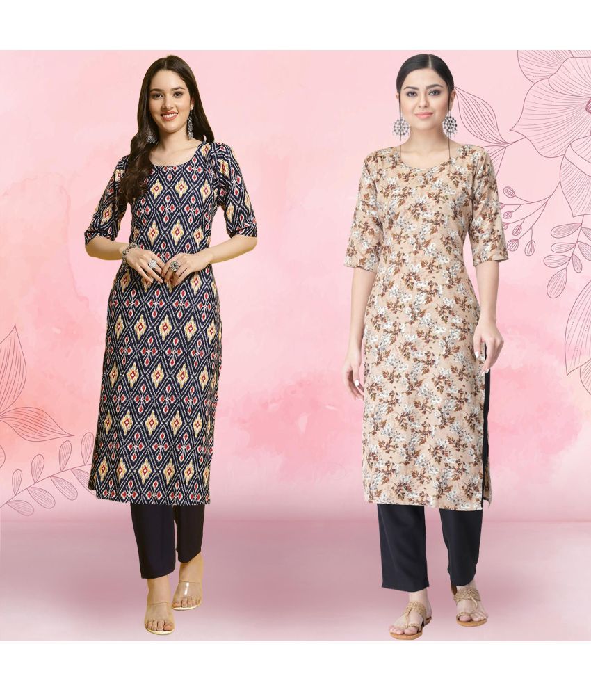     			Ethnicbasket Crepe Printed Kurti With Pants Women's Stitched Salwar Suit - Beige ( Pack of 2 )