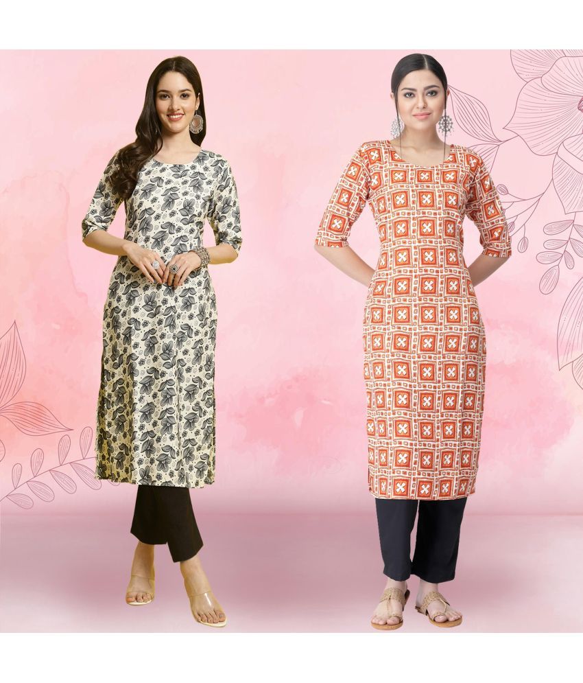     			Ethnicbasket Crepe Printed Kurti With Pants Women's Stitched Salwar Suit - Orange ( Pack of 2 )