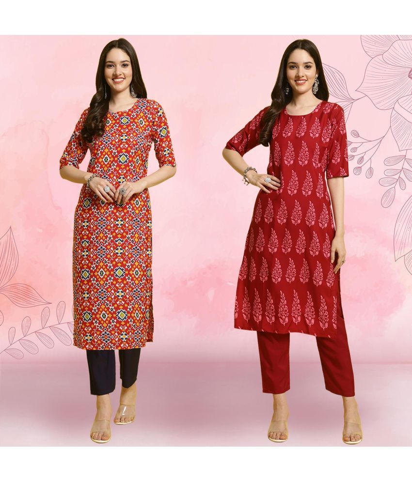     			Ethnicbasket Crepe Printed Kurti With Pants Women's Stitched Salwar Suit - Red ( Pack of 2 )