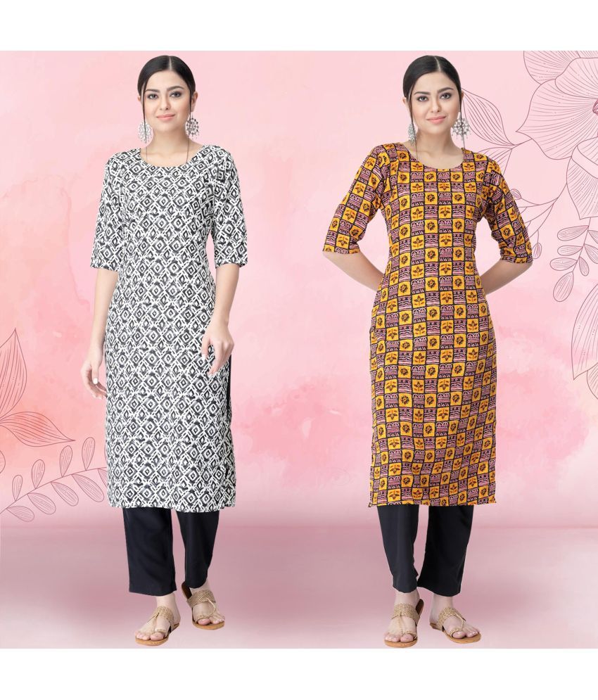     			Ethnicbasket Crepe Printed Kurti With Pants Women's Stitched Salwar Suit - Yellow ( Pack of 2 )