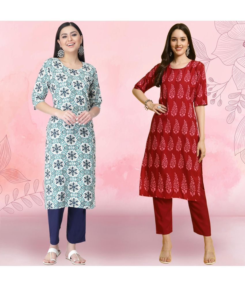     			Ethnicbasket Crepe Printed Kurti With Pants Women's Stitched Salwar Suit - Red ( Pack of 2 )