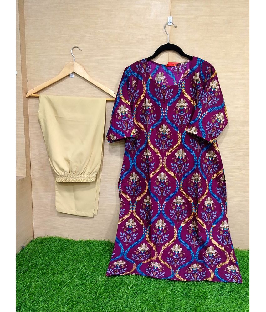     			Ethnicbasket Crepe Printed Kurti With Pants Women's Stitched Salwar Suit - Purple ( Pack of 1 )