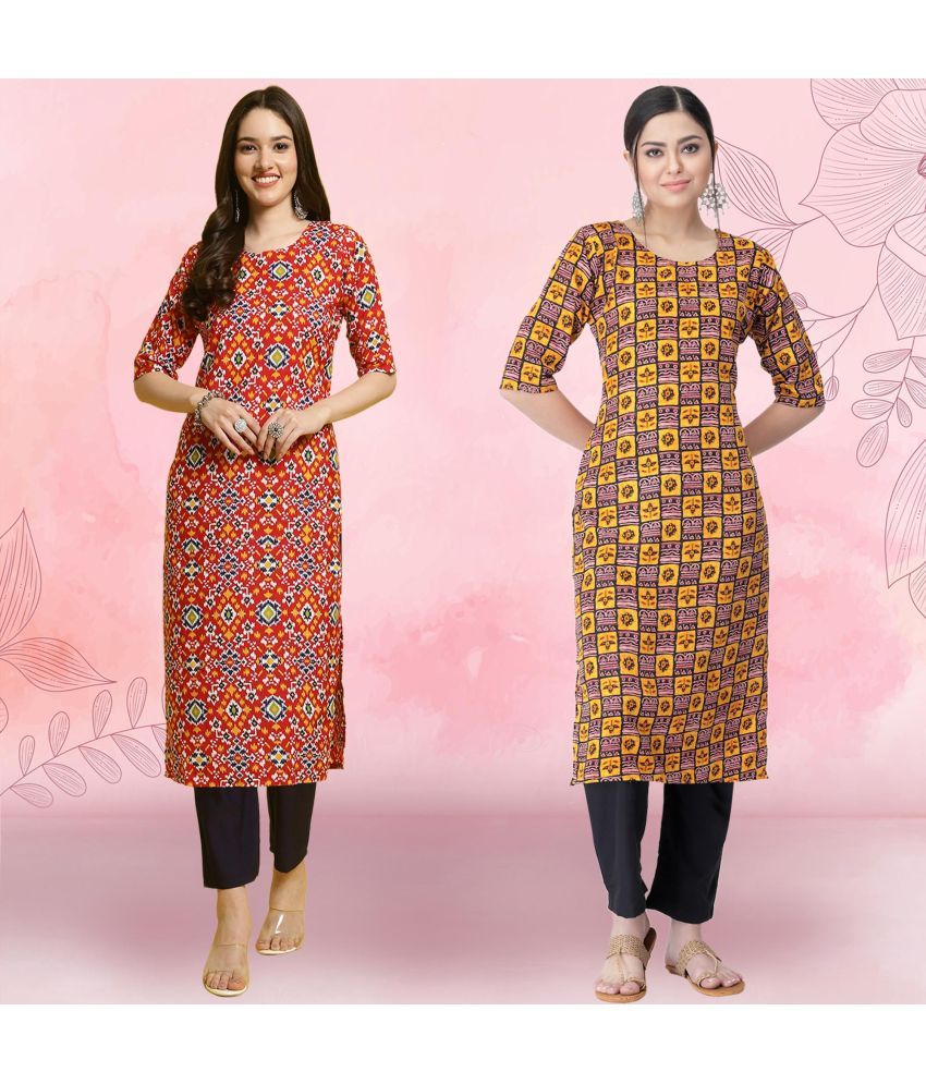     			Ethnicbasket Crepe Printed Kurti With Pants Women's Stitched Salwar Suit - Yellow ( Pack of 2 )