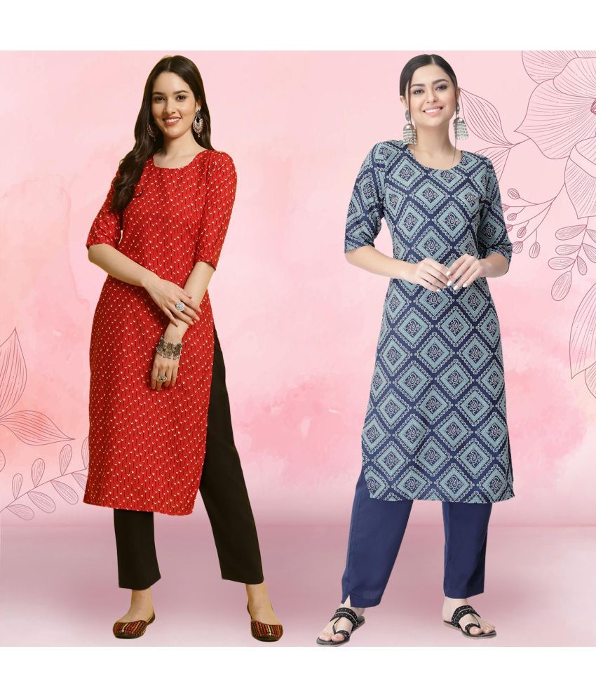     			Ethnicbasket Crepe Printed Kurti With Pants Women's Stitched Salwar Suit - Blue ( Pack of 2 )