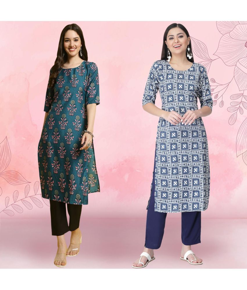     			Ethnicbasket Crepe Printed Kurti With Pants Women's Stitched Salwar Suit - Navy Blue ( Pack of 2 )