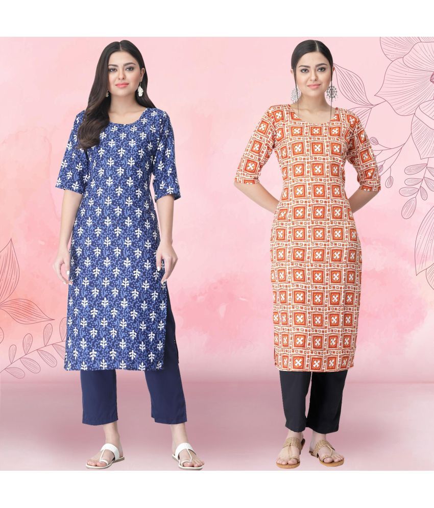     			Ethnicbasket Crepe Printed Kurti With Pants Women's Stitched Salwar Suit - Orange ( Pack of 2 )