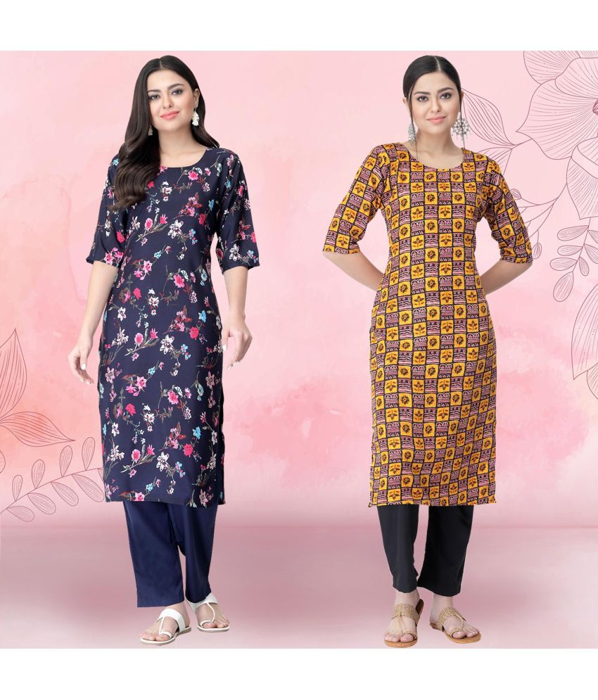     			Ethnicbasket Crepe Printed Kurti With Pants Women's Stitched Salwar Suit - Yellow ( Pack of 2 )