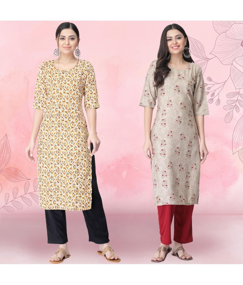     			Ethnicbasket Crepe Printed Kurti With Pants Women's Stitched Salwar Suit - Beige ( Pack of 2 )