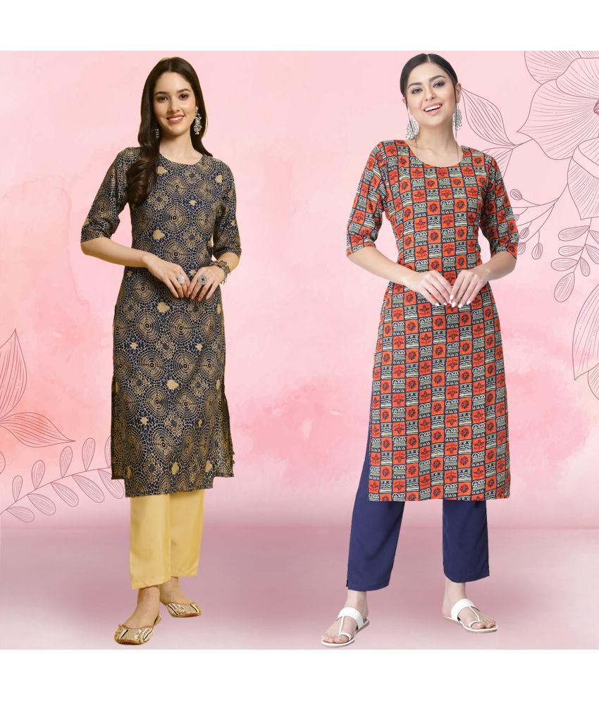     			Ethnicbasket Crepe Printed Kurti With Pants Women's Stitched Salwar Suit - Orange ( Pack of 2 )