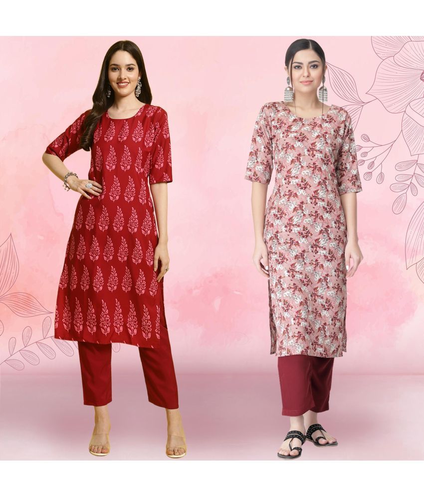     			Ethnicbasket Crepe Printed Kurti With Pants Women's Stitched Salwar Suit - Peach ( Pack of 2 )